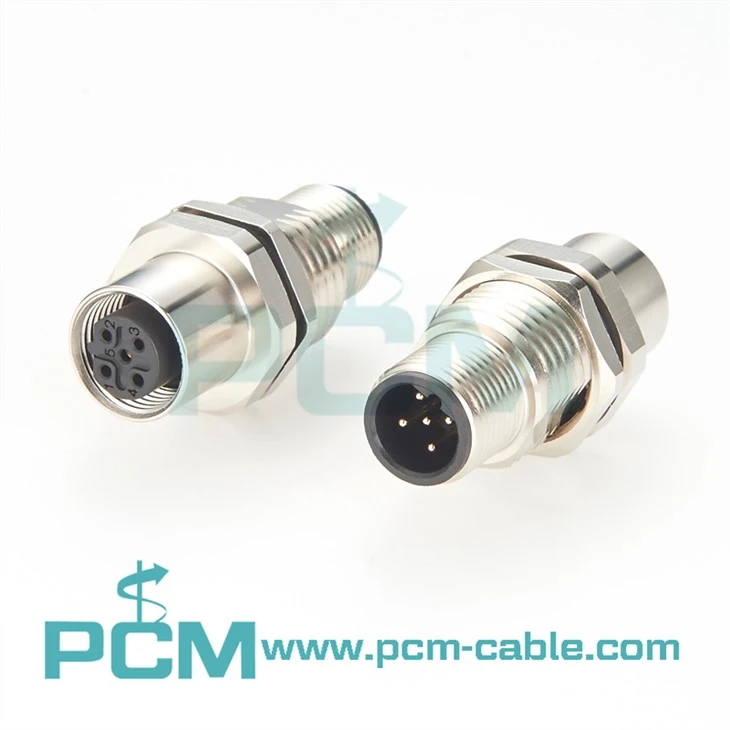 M12 B-Código de 5 pinos macho para conector de anteparo fêmea