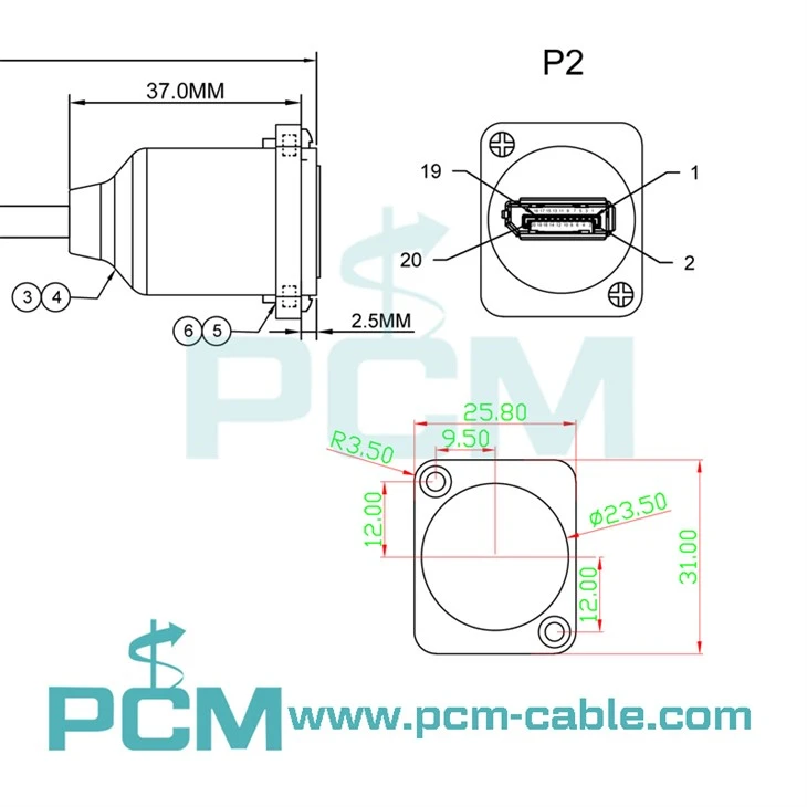 size dimensions of displayport panel mount cable DP male to female panel mount extension cable